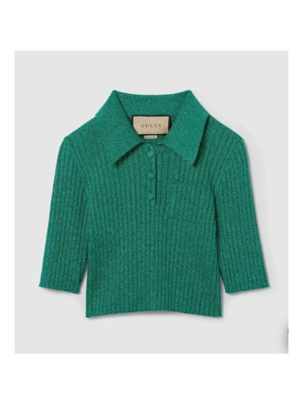 NWT Gucci- Emerald Rib Lamé Cropped Polo Shirt SZ L Green 100% Authentic